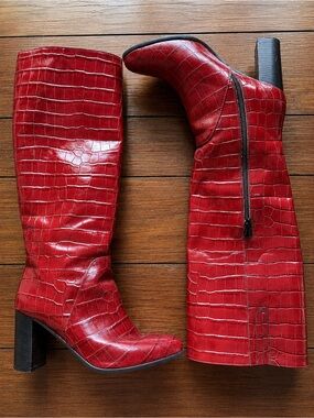 Loris Shoes Oxblood Croc Embossed Knee High Leather Boots EU 39